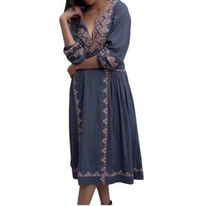 Roller Rabbit Midi Dress Charcoal Gray Dress Pink Embroidery XS NWT